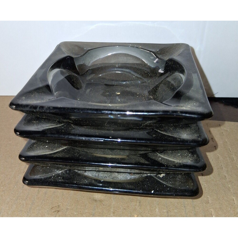 Vintage set of 4 MCM Small Square Smoke Grey Glass Ashtray 4.5”x4.5”